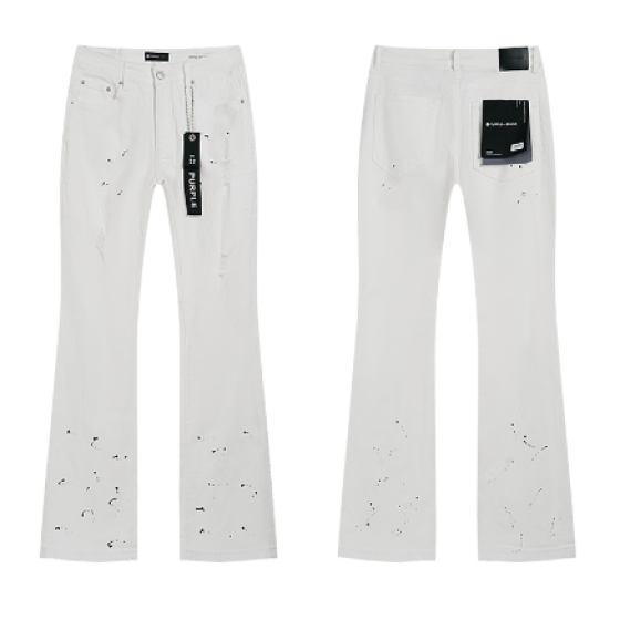 White Flared Denim Jeans with Paint Splatter and Light Distressing